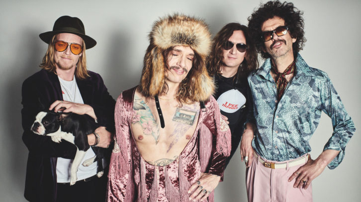 The Darkness, from left: Rufus Tiger Taylor, drums; Justin Hawkins, lead vocals, guitar and keyboards; Dan Hawkins, lead guitar and vocals; Frankie Poullain, bass and vocals. PHOTO: Simon Emmett