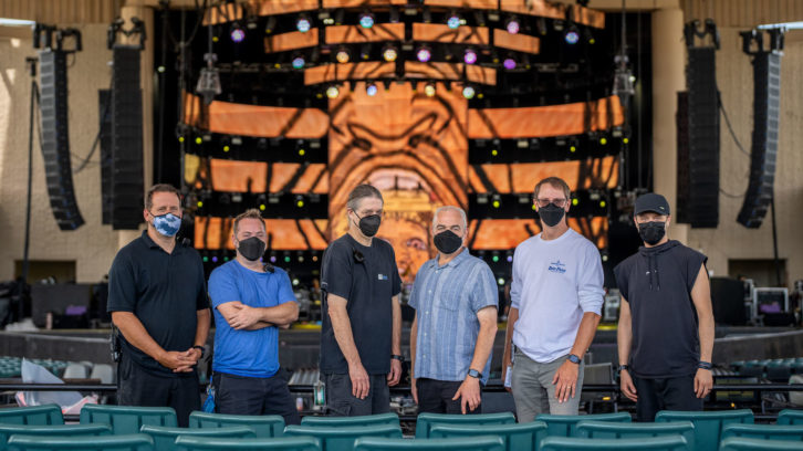 Keeping the sound tied down are (L-R) Paul White, PA Tech; Jeremy Miller, System Engineer; Greg Botimer, RF Coordinator/Monitor Tech; Ian Kuhn, Monitor Engineer; Tom Lyon, FOH Engineer; and Josh Horn, Assistant Stage Tech and Sirius/XM Technician. PHOTO: Sanjay Suchak