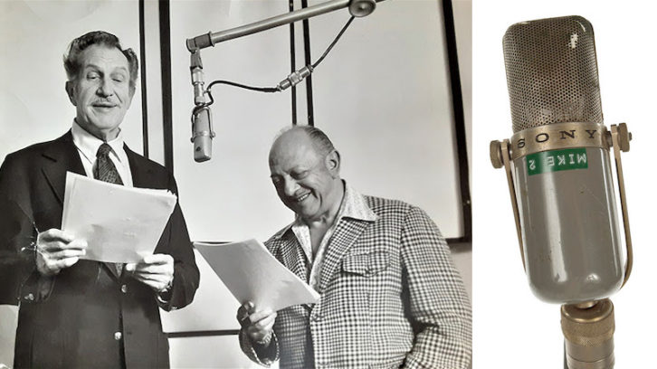 Vincent Price (left) and Mel Blanc around the latter's prized Sony C-37A microphone, seen up-close on right.