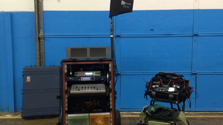 Production sound mixer Paddy Hanlon’s sound cart, left, and sound bag.