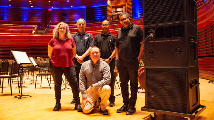 (Back, L-R) Eileen Harris, Production Manager — Verizon Hall & Special Projects, Kimmel Cultural Campus; Dave Brotman, President, DBS Audio Systems, Inc.; Walter Brown, Sr., Assistant Head of Sound, Kimmel Cultural Campus; Kenneth Nash, Head of Sound, Kimmel Cultural Campus; (Front) Andre Barette, Director of Production, Kimmel Cultural Campus