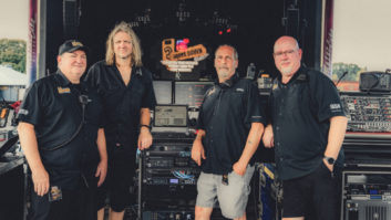 (l-r) Warren Cracknell - Production Manager and Monitor Engineer, Michael (ACE ) Baker - FOH for Seether, Michael Mordente, Curtis Flatt - FOH 3 Doors Down.