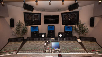 Manny Marroquin’s Dolby Atmos mix room, Studio 3 at Larrabee Studios, based around an SSL console and a Meyer Sound 7.1.4 monitoring setup, with Bluehorn speakers LCR.