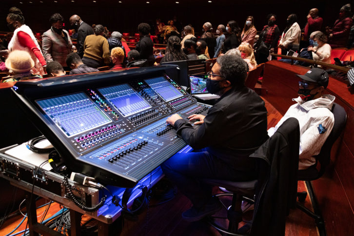 Kimmel Center Senior Audio Engineer Kenny Nash (left) and Assistant Audio Engineer Walter Brown (right) seated at Verizon Hall's new DiGiCo Quantum338 console