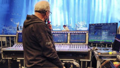 Genesis’ longtime FOH engineer, Michel Colin, linechecking the show.