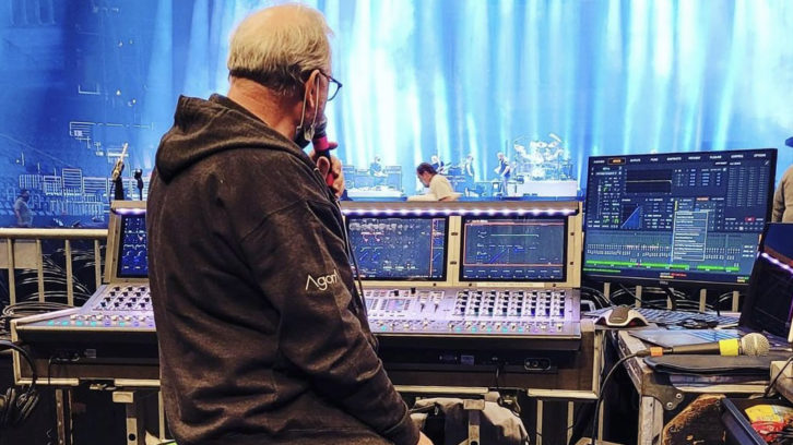 Genesis’ longtime FOH engineer, Michel Colin, linechecking the show.