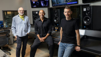 At the new SSL Duality Fuse console, the first off the production line, in Evergreen Studios’ 5.1 room, from left: Phil Wagner, president of SSL U.S.; Harvey Mason, Jr.; and Phill Scholes, VP of technical operations, SSL U.S.
