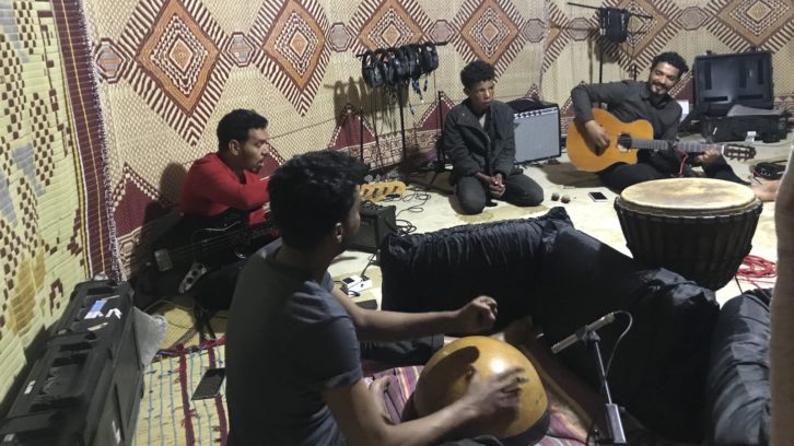 Imarhan at work in Aboogi Studio. From left: Tahar Khaldi (on bass), Haiballah Akhamouk (at the calabash), Foora Ben Amoud and Hicham Bouhasse. PHOTO: Marion Chapdelaine