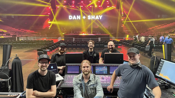 The Dan + Shay audio crew at front of house. Front row, left to right: Austin Brucker (Monitor Engineer), Taylor Bray (FOH Engineer), and Eric Thomas (SE/Crew Chief). Back row: Taylor Pescatore (PA/Stage Patch), Justin Stiepleman (PA/B Stage), and Justin Curtiss (Monitor Tech/RF).