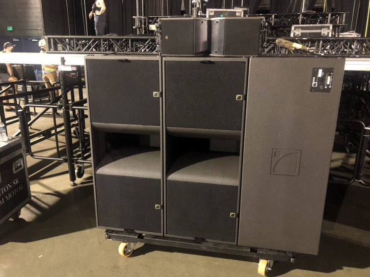 One of the tour’s six KS28 cardioid-configured ground sub clusters on its chariot and topped with a single Kara enclosure for front-fill