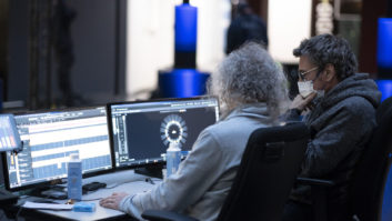 Sound design engineer, Hervé Déjardin (left) with Jean-Michel Jarre, finalizing the L-ISA spatial design.