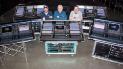 Left to right: Spectrum Sound’s Andrew Sullivan, Ken Porter, and Bobby George in the warehouse with a few of their new DiGiCo Quantum consoles