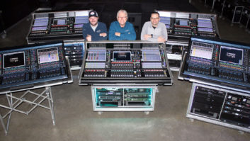 Left to right: Spectrum Sound’s Andrew Sullivan, Ken Porter, and Bobby George in the warehouse with a few of their new DiGiCo Quantum consoles
