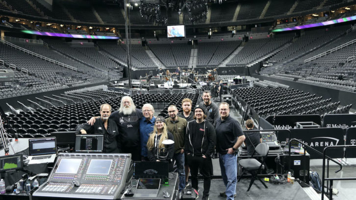 Keeping things moving for George Strait, show after show are (L-R): George Olson – FOH; Paul Rogers –Production Manager; Ken Porter – Spectrum Sound; Erika West – PA Tech; Bobby George – Spectrum Sound; Rudd Lance – Systems Engineer; Nick Page - PA Tech; Bob Campbell – PA Tech; Dave Thomas – d&b audiotechnik. Photo: Jill Trunnell.