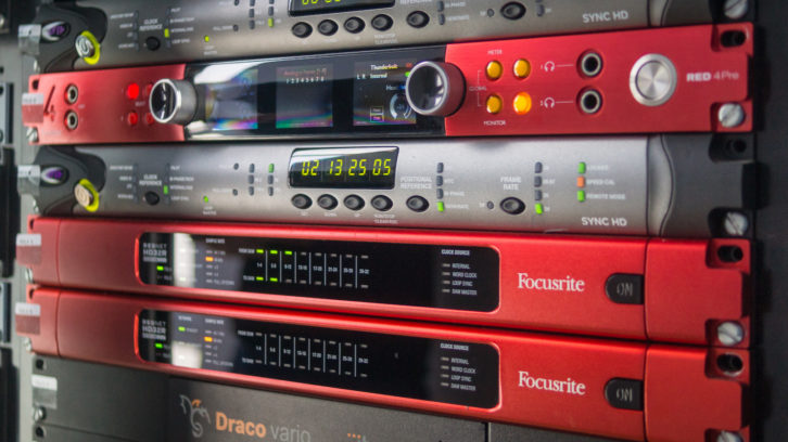 Gear rack featuring Focusrite RedNet components in use at Cinematic Media, located on the lot at Estudios Gabriel Garcia Márquez (GGM) in Mexico City’s Tlalnepantla industrial area.