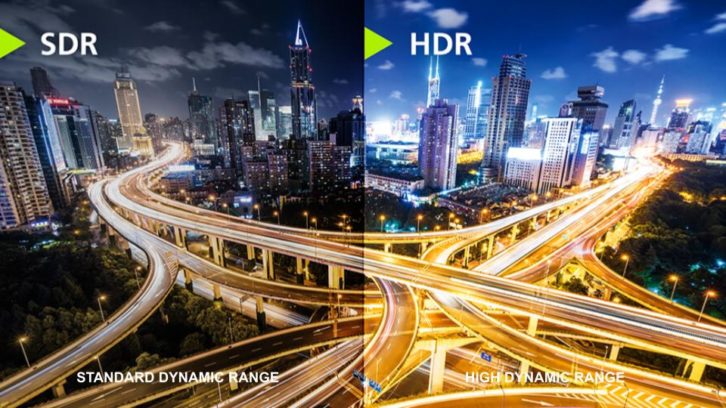 An image of a city freeway interchange is divided into two sections: on the left, the image is dark and is labeled "SDR" and on the right, the image is bright and labeled "HDR"