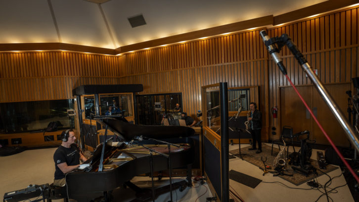 The live-recording setup in Capitol Studio A’s spacious 1,500-square-foot live room.