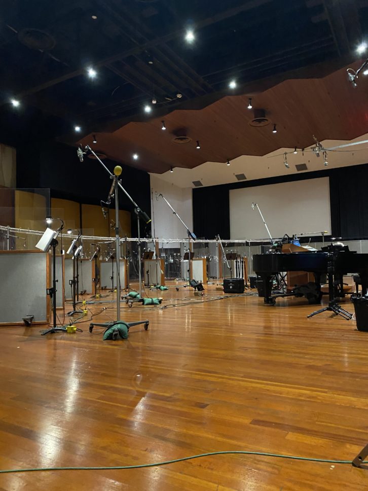 The setup for recording Encanto's choir at The Eastwood Scoring Stage at Warner Bros. Studios.