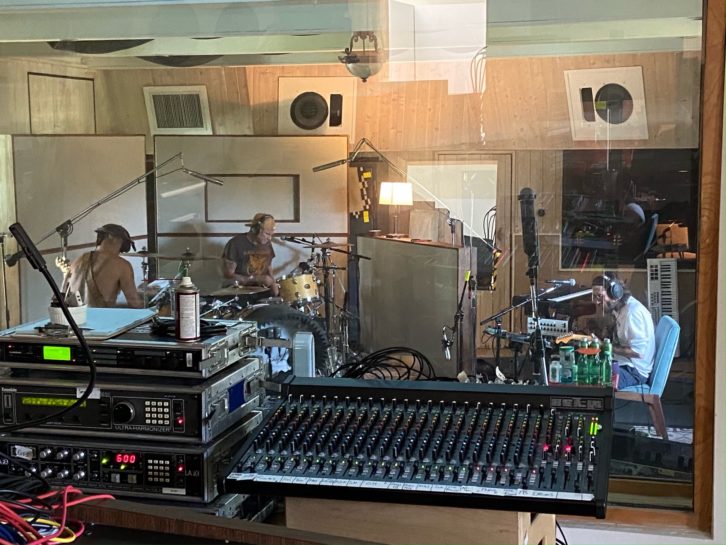 Recording live in the studio, from left: Flea, Chad Smith and John Frusciante. Photo: Ryan Hewitt.