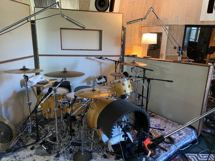 Chad Smith’s drum setup, on a riser about 4 inches off the floor. Photo: Ryan Hewitt.