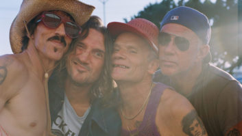 The Red Hot Chili Peppers having some fun, (L-R): Anthony Kiedis, John Frusciante, Flea and Chad Smith.