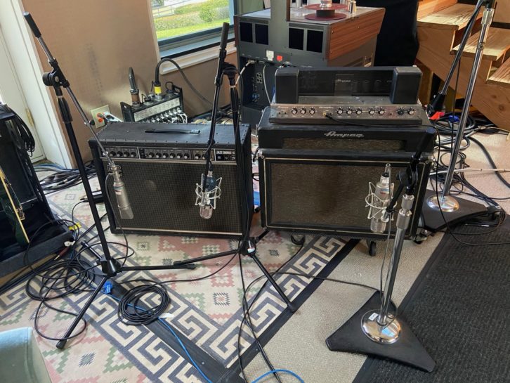 John Frusciante’s lineup of guitars and Marshall amps. Photo: Ryan Hewitt.