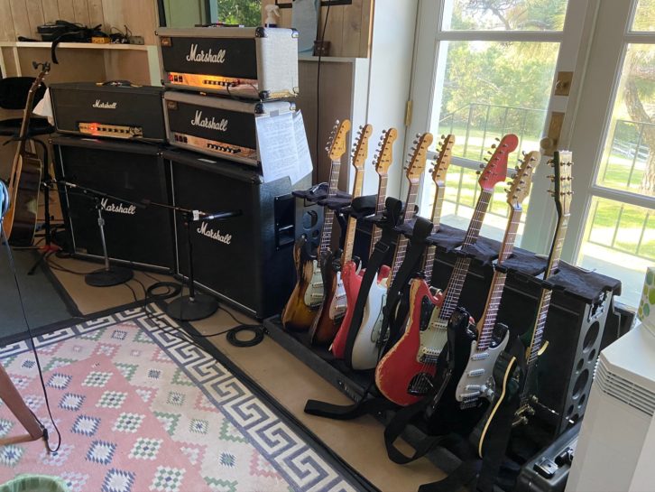 John Frusciante’s lineup of guitars and Marshall amps for 'Unlimited Love.'. Photo: Ryan Hewitt.