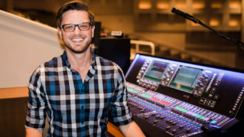 Pink Palace Media’s Blaine Wilkins at Istrouma Baptist’s FOH mix position with the church’s Allen & Heath dLive S7000.