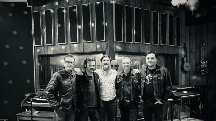 In Tucker Martine’s studio, Flora Recording and Playback, L-R: John Convertino, assistant engineer Cole Halvorsen, Martine, Joey Burns and Sergio Mendoza. Photo: Amanda Haworth