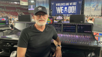 Robert Scovill at the Kenny Chesney FOH position with Alcons Audio VR5s used for nearfield monitors.