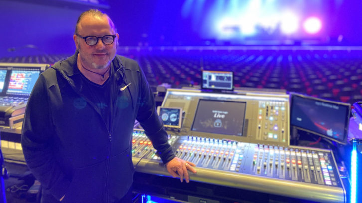 Simple Minds' longtime FOH engineer, Olivier ‘GG’ Gerard, with his Brit Row-supplied SSL L200 console.