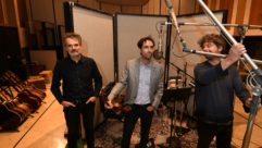 Pictured in United Studio B are (l-r) producer Mike Viola, Andrew Bird, and recording engineer David Boucher. Photo by David Goggin.