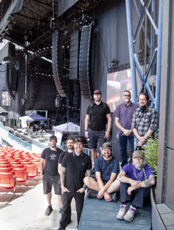 TheUltraSound crew: (Top, L-R) Michał Kacunel, Systems Engineer; Derek Featherstone, FOH Engineer/Tour Director; Jason Mills, PA Tech; (Bottom, L-R) Aaron Lauzier, PA Tech; Ross Harris, Recording Engineer/Ground PA Tech; Reilly Williamson, Monitor Tech; Ian Dubois, Monitor Tech; Lonnie Quinn, Band Monitor Engineer (Not pictured: Sean McAdam, PA Tech). Photo: Jay Blakesberg