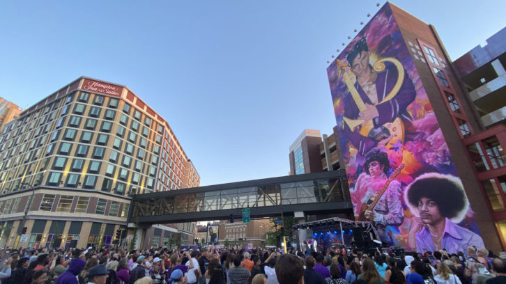 Regional audio provider Slamhammer Audio tackled audio for the recent street party unveiling a 100-foot-tall mural of Prince in Minneapolis. PHOTO: Martin Audio.