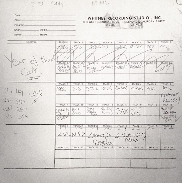 Whitney Recording Studio track sheet for “Year of the Cat.” 