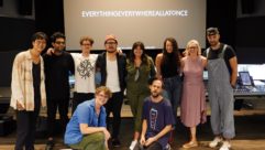 Key members of the sound team at Signature Post Mix Stage 1 in Burbank, Calif., from left: Ian Chang, Rafiq Bhatia, Ryan Lott, James Wyatt, Daniel Kwan, Julie Diaz, Daniel Scheinert, Alexandra Fehrman, Carey Smith and Brent Kiser. PHOTO: Courtesy of Unbridled Sound.