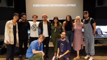 Key members of the sound team at Signature Post Mix Stage 1 in Burbank, Calif., from left: Ian Chang, Rafiq Bhatia, Ryan Lott, James Wyatt, Daniel Kwan, Julie Diaz, Daniel Scheinert, Alexandra Fehrman, Carey Smith and Brent Kiser. PHOTO: Courtesy of Unbridled Sound.