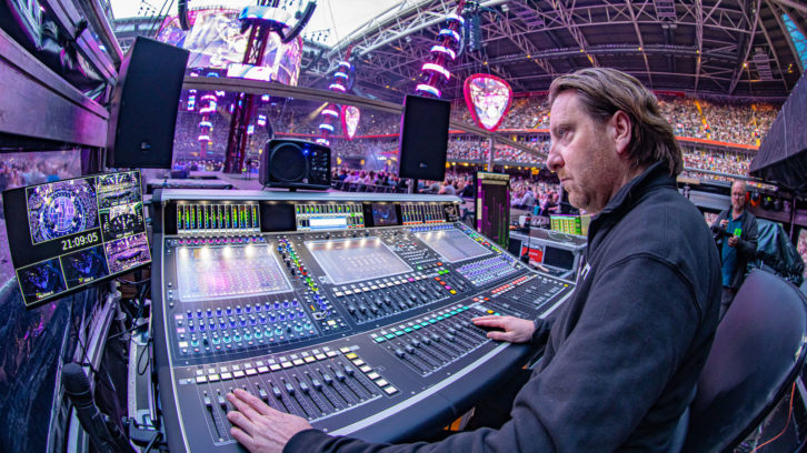 Production manager Chris Marsh mixes both FOH and monitors for Ed Sheeran on a DiGiCo Quantum 7 mixing console for the current Mathematics tour. Photo: Ralph Larmann.