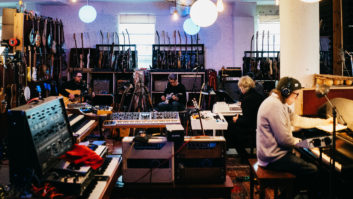 At their stations in The Loft are (L-R): Jeff Tweedy, Nels Cline, Pat Sansone and Mikael Jorgensen. At the far left, engineer Tom Schick’s silhouette can be seen in the “control room.” PHOTO: Jamie Kelter Davis