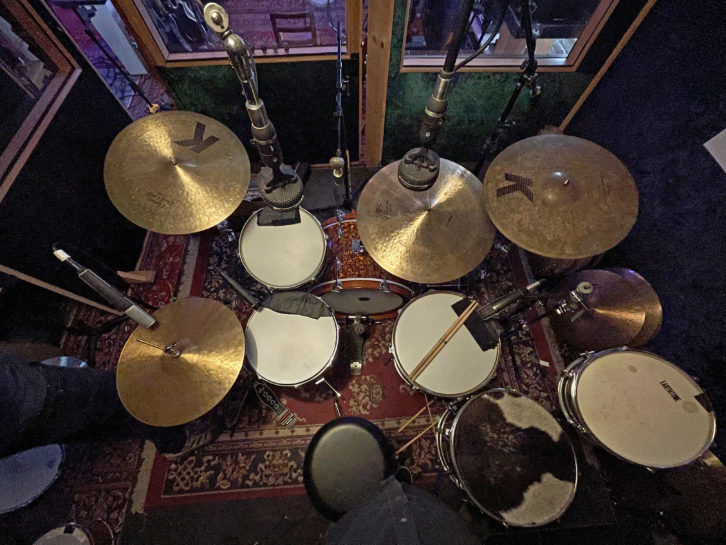 Glenn Kotche’s drum-miking setup seen from above. The drum “booth” is created from sliding scaffolds on wheels, so the kit can be more or less isolated. PHOTO: Mark Greenberg