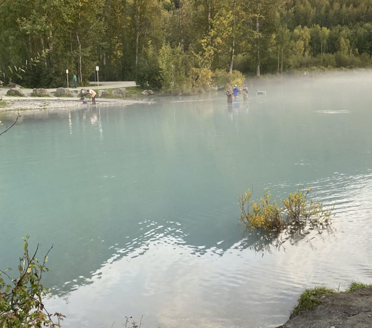 The turquoise color of the water at Eklutna Tailrace is not a reflection from the sky.