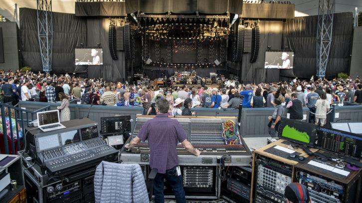 FOH engineer, tour manager and CEO of UltraSound Derek Featherstone mans a custom 1992 Gamble EX66 console nightly on Dead & Company tours, as seen here at the Shoreline Amphitheatre at Mountain View, Calif. PHOTO: Jay Blakesberg