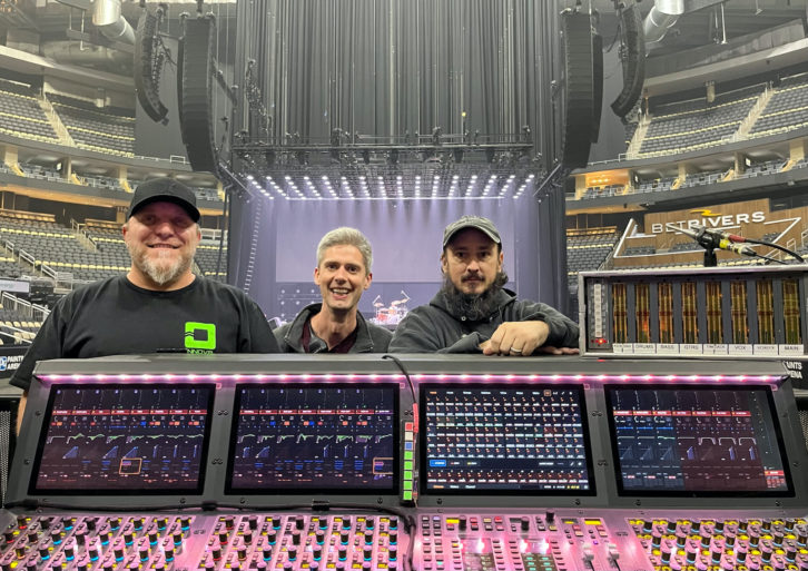 Powering the Machine every night are (l-r) FOH engineer Sean “Sully” Sullivan; system engineer Wayne Hall; and monitor engineer Jim Corbin. PHOTO: Charles Southward/Eighth Day Sound