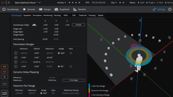 The Soundscape view in L-ISA Studio shows the position of each speaker relative to the reference listening position.