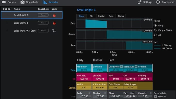L-ISA reverbs can be modified, locked and recalled for specific snapshots.