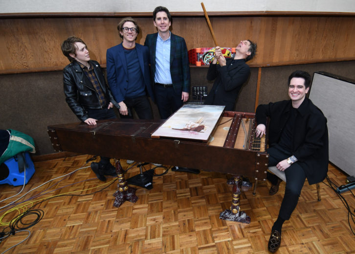 Pictured (L-) in United Studio A are Rachel White, Jake Sinclair, Claudius Mittendorfer, Mike Viola, and at the harpsichord, Brendon Urie. Photo by David Goggin.