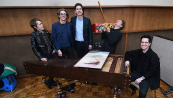 Pictured (L-) in United Studio A are Rachel White, Jake Sinclair, Claudius Mittendorfer, Mike Viola, and at the harpsichord, Brendon Urie. Photo by David Goggin.