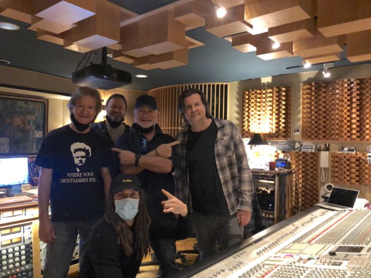 At mix engineer Bob Clearmountain’s MixThis! studio, from left: Clearmountain, assistant engineer Brandon Duncan, David Paich, Robin Dimaggio, and, kneeling in front, Paich’s assistant engineer Pat Knox. PHOTO: Courtesy of David Paich