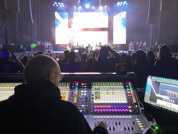 Greg Nelson mixing Incubus on the 2022 Summer Tour’s L-Acoustics K1/K2 loudspeaker system via a DiGiCo Quantum338 console. VIP audiences on either side of the stage heard the show via Mixhalo setups.