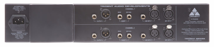 The back panel of the Trident A-Range channel strip includes XLR connectors for both Line and Mic inputs, with duplicate quarter-inch TRS jacks. Sets of TRS jacks also run in parallel with the Line output XLRs. Additional pairs of quarter-inch unbalanced Send/Return jacks allow audio processors to be inserted pre or post the equalizer. 